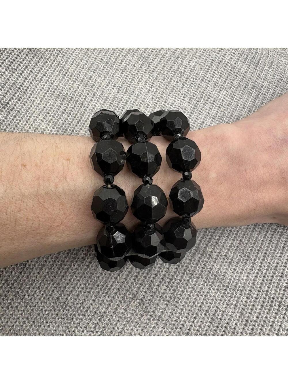 Chunky Black Faceted Acrylic Bead Stretch Bracelet Wide Statement